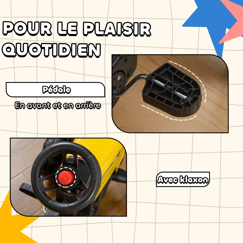 HOMCOM Porteur tracteur enfants avec remorque, râteau et pelle, tracteur à pédales 6 roues, charge 35 kg, pour 3+ ans, jaune