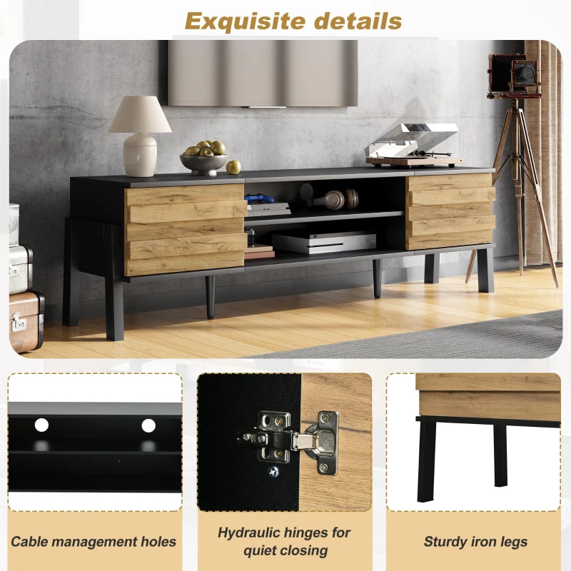 Low-Profile TV Cabinet with Soft-Close Hinges and Adjustable Shelves, Stylish TV Stand with 2 Cabinets, 175L x 39.5W x 53H cm, Natural