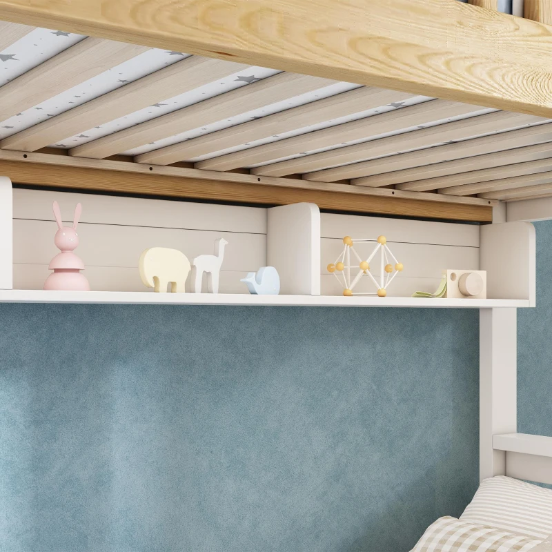 House-Shaped Bunk Bed with Staircase Storage, Space-Saving Kids Bed with Integrated Shelves, 244L x 140W x 206H cm, White+Natural