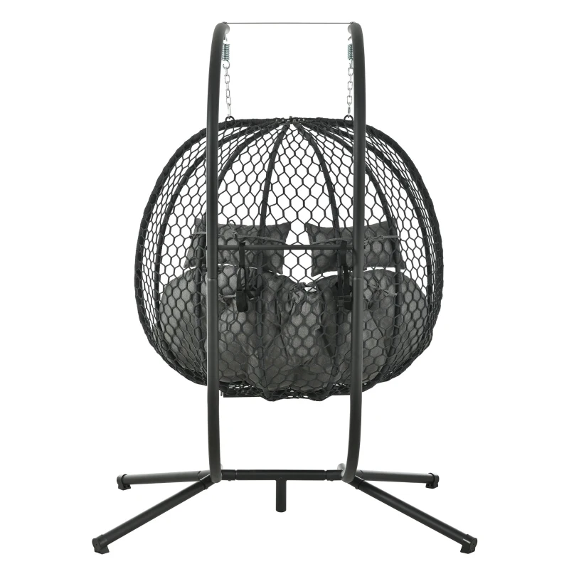 Cadeira suspensa em forma de ovo com suporte, cadeira de baloiço com apoio de pés regulável, cadeira suspensa de jardim com almofada de assento & almofado, 140x94x197 cm, Cinzento