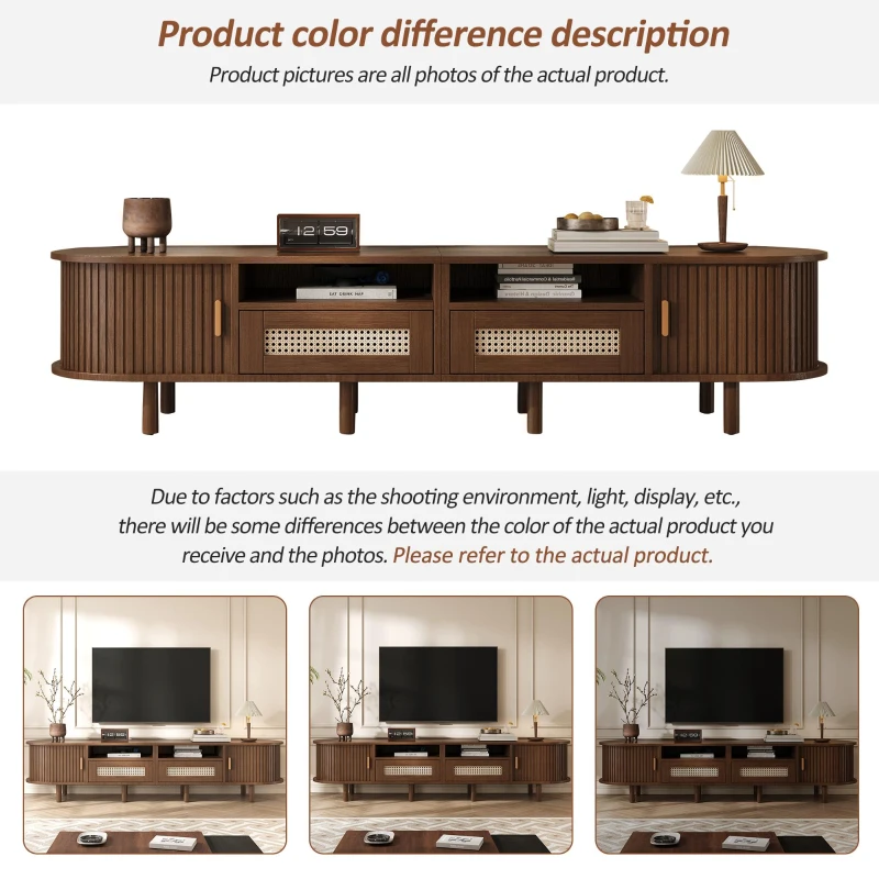 Rattan TV Stand with Sliding Doors and 8 Solid Wood Legs, Oak TV Cabinet with Rounded Corner, 170L x 40W x 40H cm, Oak