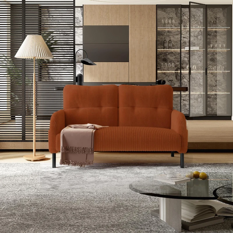Modern Two-Seater Corduroy Sofa with High-Rebound Springs, Comfortable Loveseat with Side Storage Pockets, 120L x 65W x 79H cm, Orange