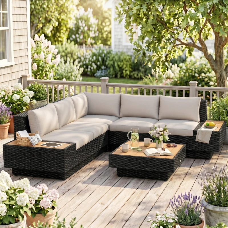 Outsunny 4 PCs Rattan Garden Furniture - Outdoor Sectional Corner Sofa and Coffee Table Set, Conservatory Wicker Weave Furniture with Armrest and Cushions, Black