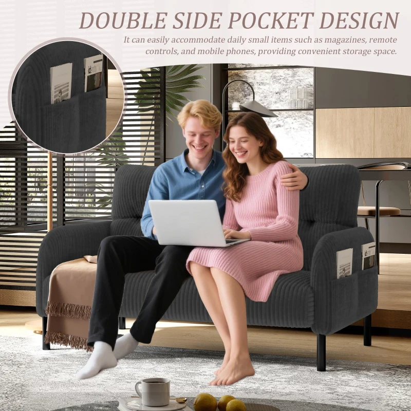 Modern Two-Seater Corduroy Sofa with High-Rebound Springs, Comfortable Loveseat with Side Storage Pockets, 120L x 65W x 79H cm, Gray