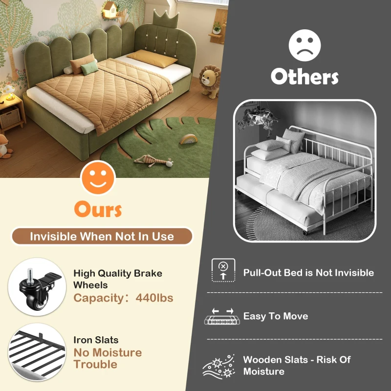 Upholstered Daybed with Pull-Out Trundle and Lattice Detail, Crown-Headboard Kids Bed with Metal Slatted Frame, 194L x 98W x 95H cm, Green