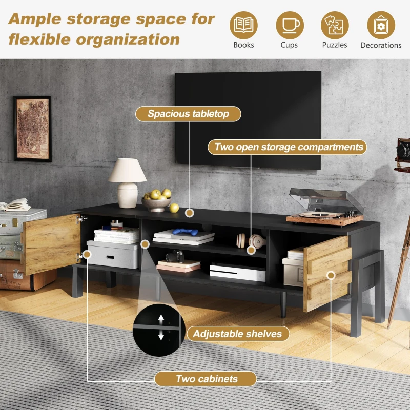 Low-Profile TV Cabinet with Soft-Close Hinges and Adjustable Shelves, Stylish TV Stand with 2 Cabinets, 175L x 39.5W x 53H cm, Natural