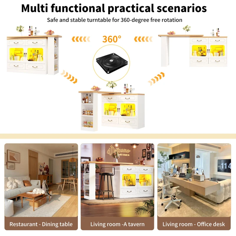360° Rotating Kitchen Island with App-Controlled LED Lights and Music Sync, Extendable Bar Table with 4 Drawers, 135L x 39W x 93H cm, White