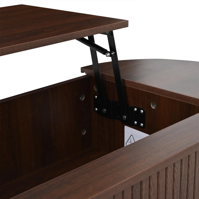 Lift-Up Oval Coffee Table with Hidden Storage and Roller-Shutter Doors, Space-Saving Centre Table with Solid Wood Legs, 120L x 50W x 39.5H cm, Wood