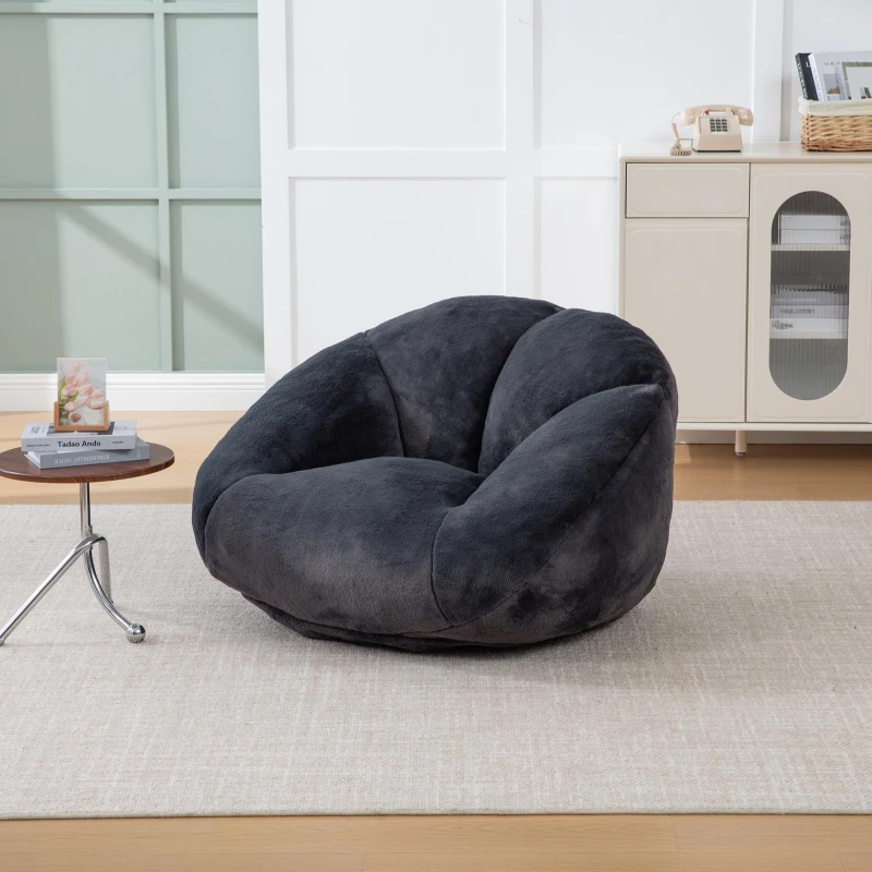 Shell-Shaped Bean Bag Chair with High-Rebound Memory Foam Filling, Ergonomic Floor Lounger with Faux Fur Removable Cover, 100L x 90W x 57H cm, Black