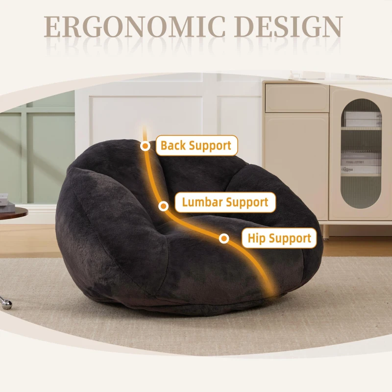 Shell-Shaped Bean Bag Chair with High-Rebound Memory Foam Filling, Ergonomic Floor Lounger with Faux Fur Removable Cover, 100L x 90W x 57H cm, Black