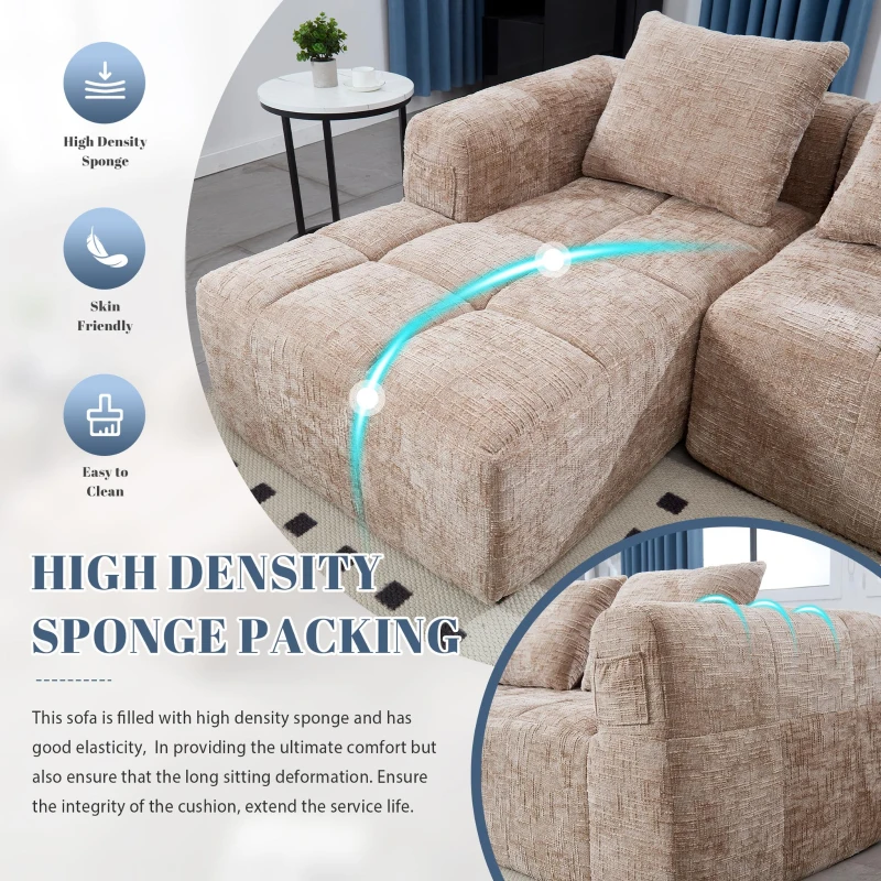 Oversized Modular L-Shaped Sofa with Deep-Seated Sleeper Design, Plush Sectional Sofa with Hidden Side Pockets, 250L x 158W x 60H cm, Khaki