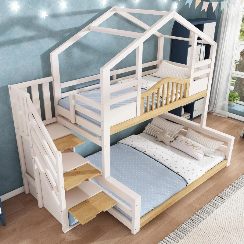 House-Shaped Bunk Bed with Staircase Storage, Space-Saving Kids Bed with Integrated Shelves, 244L x 140W x 206H cm, White+Natural