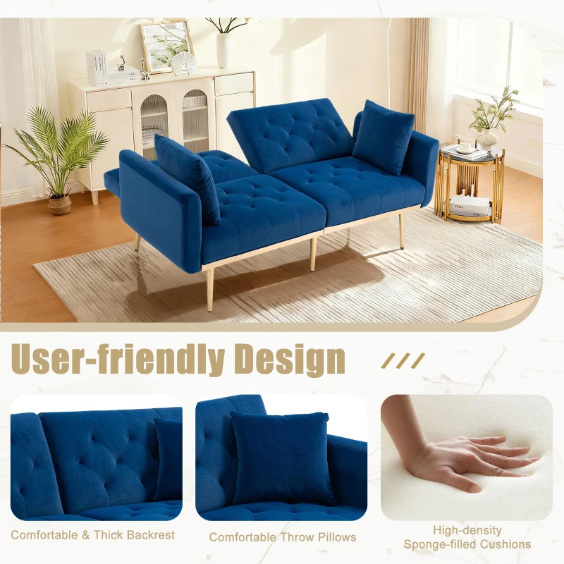 Modern 2-Seater Sofa with 3-Position Adjustable Backrest, Convertible Loveseat with Thick Padded Cushions, 165L x 72.5W x 75H cm, Navy