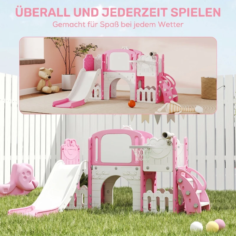AIYAPLAY 7 in 1 Toddler Slide Set with Basketball Hoop, Climbing Frame, Telescope, Drawing Board, Storage Box, Pink