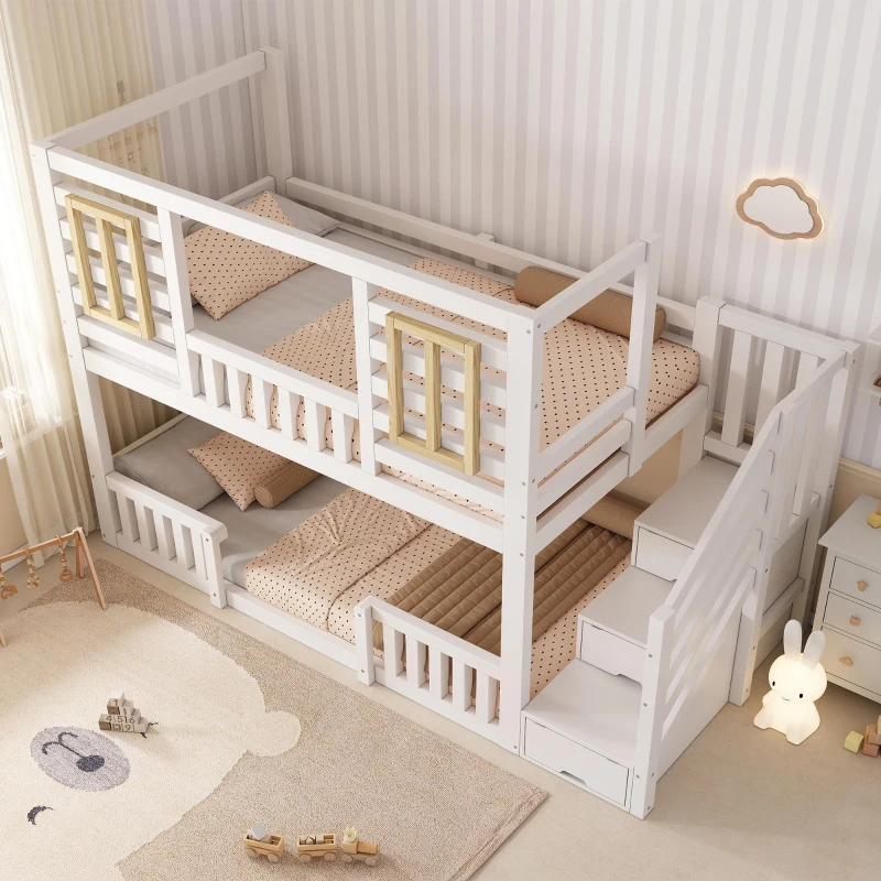 Cabin-Style Bunk Bed with Staircase Storage and Guardrail, White Window-Detailed Cabin Bed with Slatted Bases, 244L x 95W x 170H cm, White