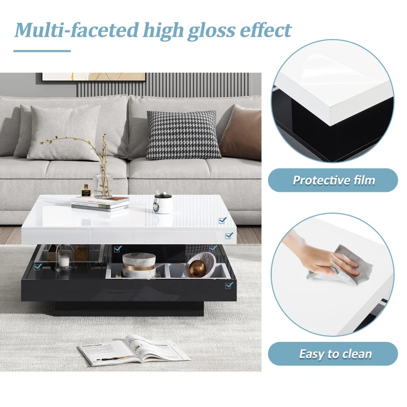 Contemporary Coffee Table with Large-Capacity Lower Shelf, 2-Tone Center Table with Recessed Compartments, 70L x 70W x 36H cm, Black
