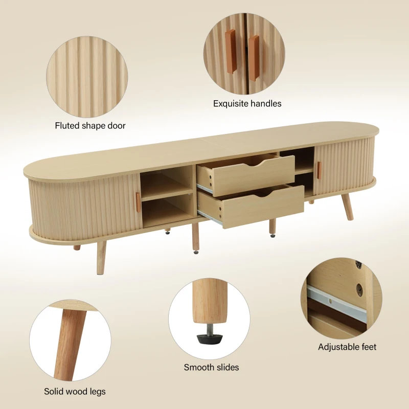 Minimalist TV Stand with Oval Top and Rounded Corners, Light Oak TV Cabinet with Solid Wood Legs, 175L x 40W x 40H cm, Oak