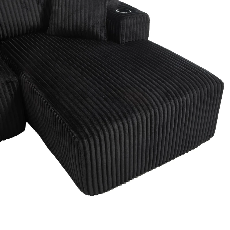 Modular L-Shaped Sectional Sofa with Deep Seat, Plush Corduroy Boneless Couch for Living Room, 257L x 160W x 80H cm, Black