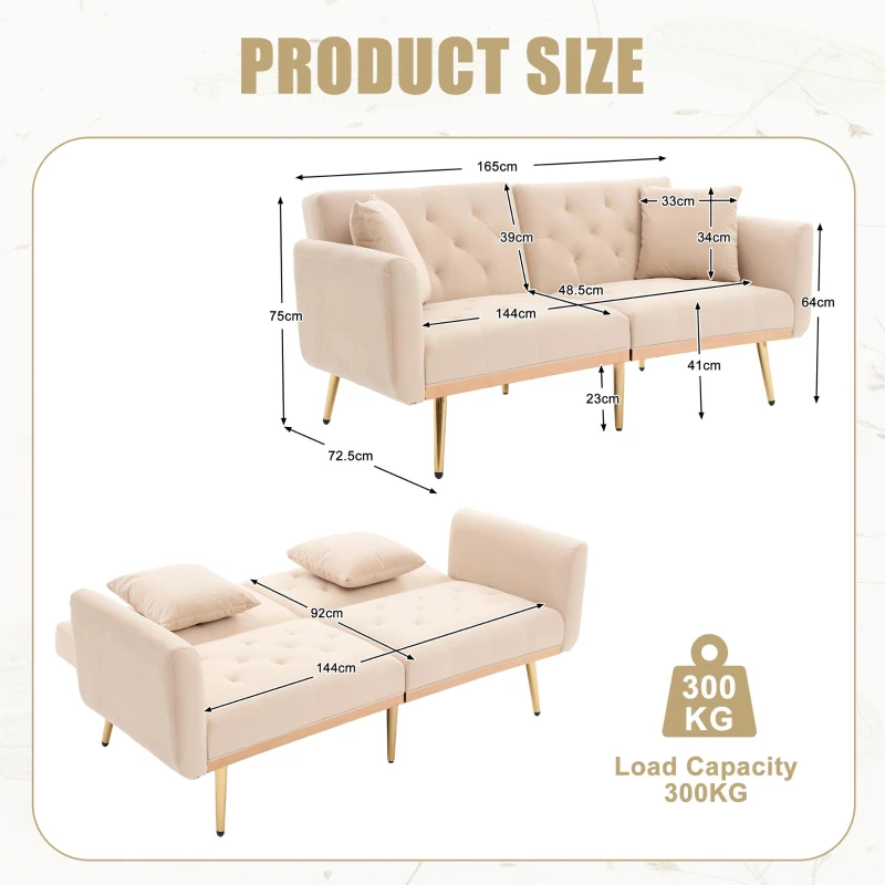 Modern 2-Seater Sofa with 3-Position Adjustable Backrest, Convertible Loveseat with Thick Padded Cushions, 165L x 72.5W x 75H cm, Beige