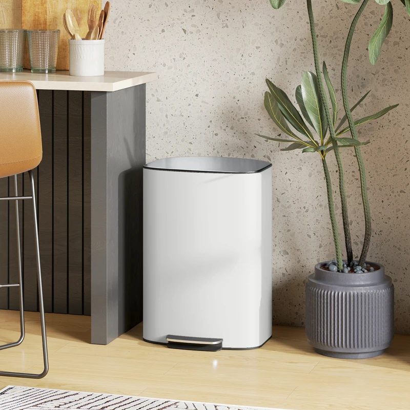 HOMCOM Mülleimer Küche 50 Liter Treteimer mit Bleib-Offen-Funktion, Soft-Close-Deckel, Pedal, Cremeweiß
