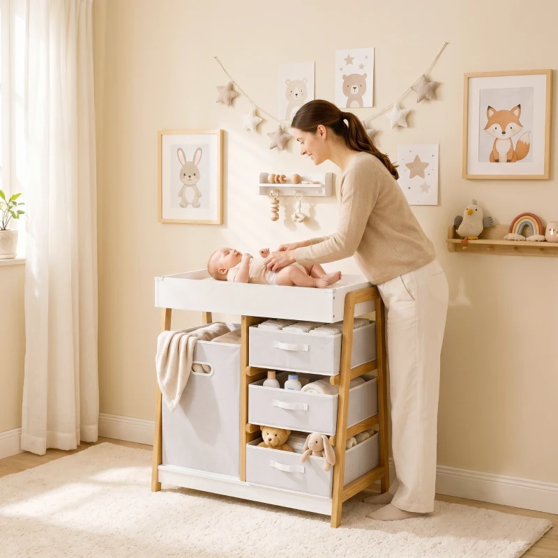 AIYAPLAY Baby Changing Table, Baby Changing Unit with 3 Drawers, Large Basket and Waterproof Pad for Bedroom Nursery, White