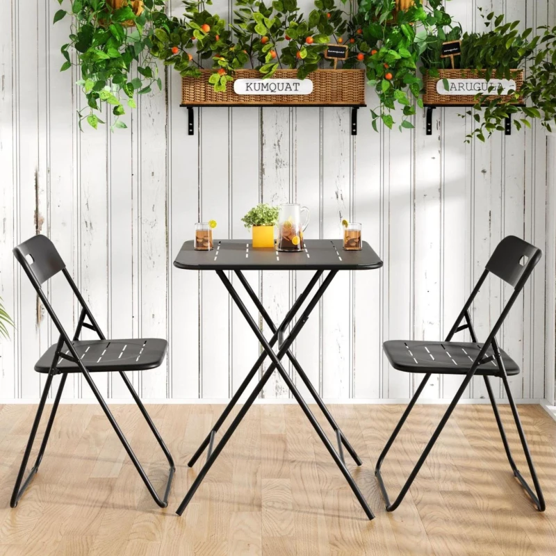 Conjunto bistrô dobrável de 3 peças em aço, com 2 cadeiras + 1 mesa, Preto