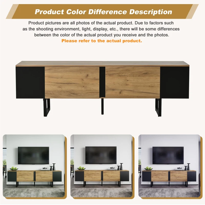 Natural-Wood TV Cabinet with Open Shelves and Soft-Close Doors, Stylish TV Stand with Durable Chipboard Construction, 180L x 40W x 55H cm, Natural