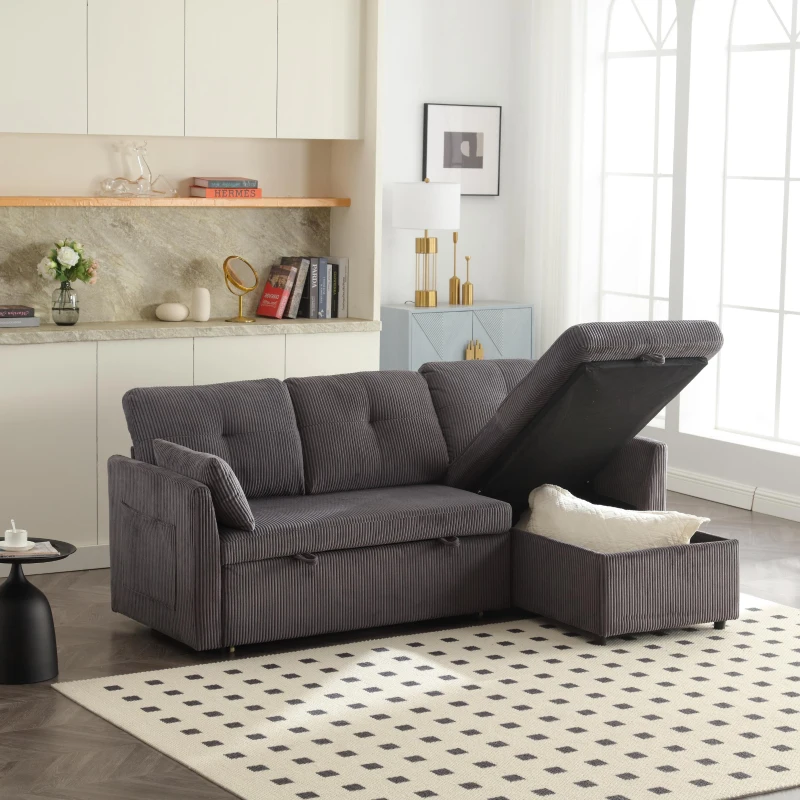 Stylish Sectional Sleeper Sofa with Reversible Storage Chaise, 3-In-1 L-Shaped Sofa with Corduroy Upholstery, 206L x 130W x 88H cm, Charcoal Grey
