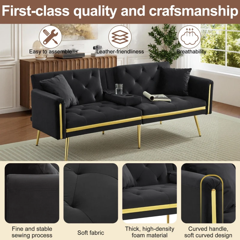 Two-Seater Convertible Sofa Bed with 3-Level Adjustable Backrest, Space-Saving Sleeper Sofa with High-Density Foam, 174L x 76W x 71.5H cm, Black