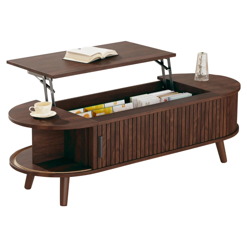 Lift-Up Oval Coffee Table with Hidden Storage and Roller-Shutter Doors, Space-Saving Centre Table with Solid Wood Legs, 120L x 50W x 39.5H cm, Wood