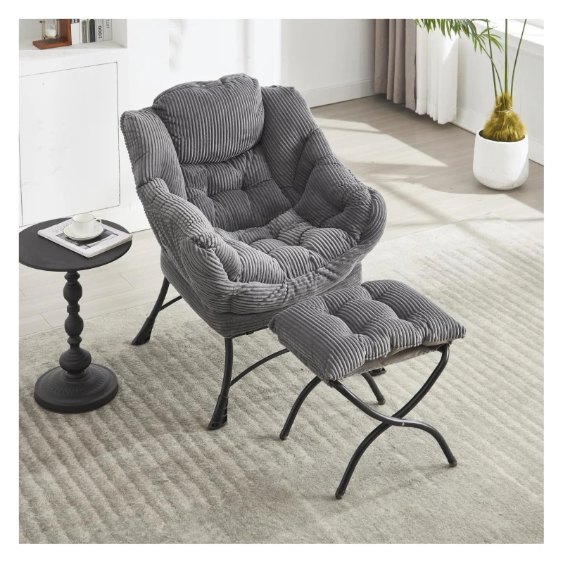 Poltrona lounge com pufe, apoios de braços e bolso lateral, revestimento em flanela, 69,9x64,0x95,0 cm, Cinzento