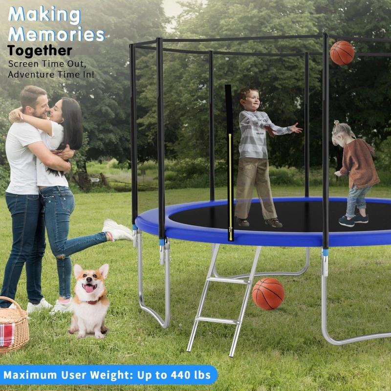 Outdoor Trampoline with Basketball Hoop and Safety Net, Heavy Duty Rebounder with Weatherproof Steel Frame, 366L x 366W x 76H cm, Blue