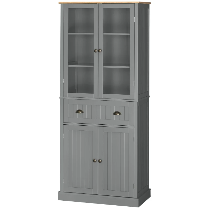 HOMCOM Buffet mueble de cocina armario de cocina 4 puertas, 2 puertas vitradas y 1 cajón estantes regulables - gris
