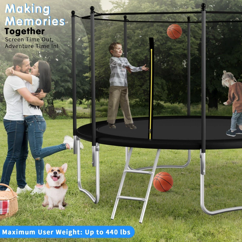 Outdoor Trampoline with Basketball Hoop and Safety Net, Heavy Duty Rebounder with Weatherproof Steel Frame, 366L x 366W x 76H cm, Black