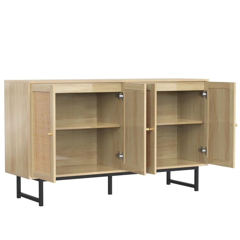 Aparador com rattan trançado, 4 portas, prateleiras ajustáveis, pés metálicos, 140x39,5x80 cm, Cor natural
