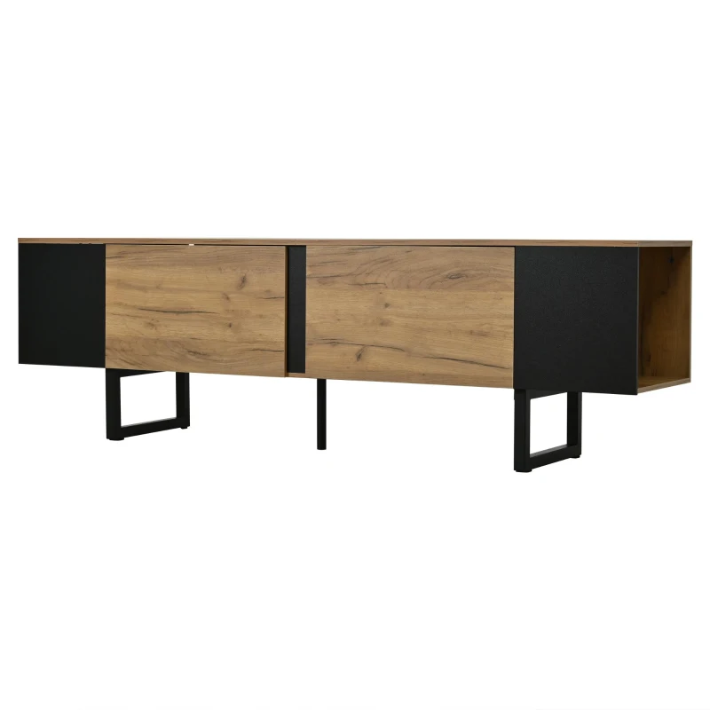 Natural-Wood TV Cabinet with Open Shelves and Soft-Close Doors, Stylish TV Stand with Durable Chipboard Construction, 180L x 40W x 55H cm, Natural