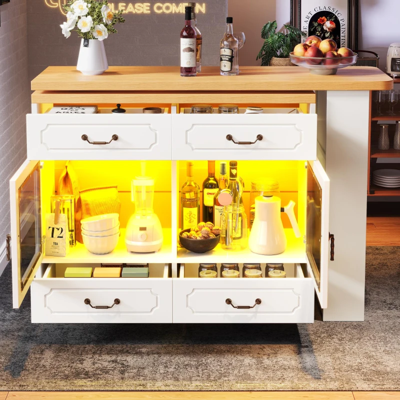 360° Rotating Kitchen Island with App-Controlled LED Lights and Music Sync, Extendable Bar Table with 4 Drawers, 135L x 39W x 93H cm, White