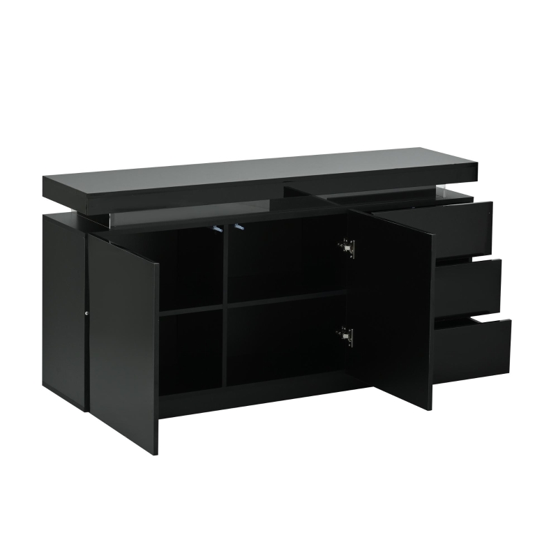 High Gloss Sideboard with LED Lights and Noiseless Hydraulic Hinges, Modern Storage Cabinet with 2 doors and 3 drawers, 140L x 35W x 72.5H cm, Black