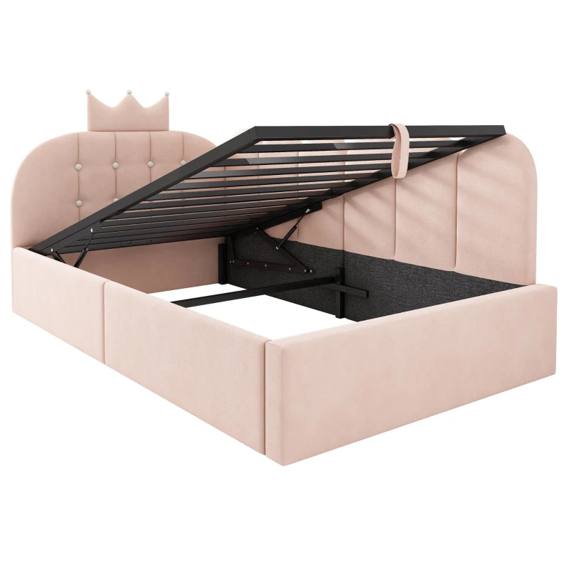 Upholstered Daybed with Hydraulic Storage and Crown Headboard, Space-Saving Guest Bed with Padded Velvet Upholstery, 199L x 96W x 96H cm, Pink