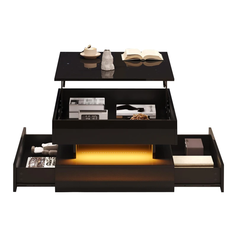 Lift-Up Coffee Table with App-Controlled LED Light Strip and Hidden Storage, Stylish Center Table with 2 Drawers, 65L x 65W x 38.5H cm, Black