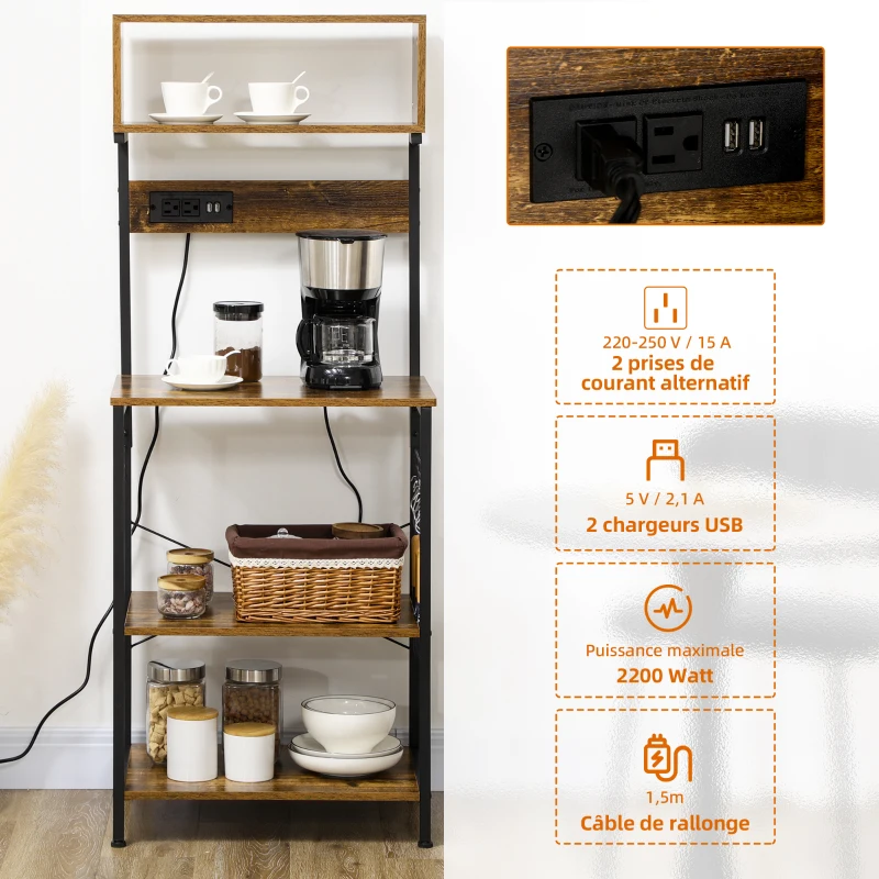 HOMCOM Étagère de cuisine support pour micro-ondes avec 2 chargeurs USB et 2 prise de courant, 5 crochets et étagère réglable