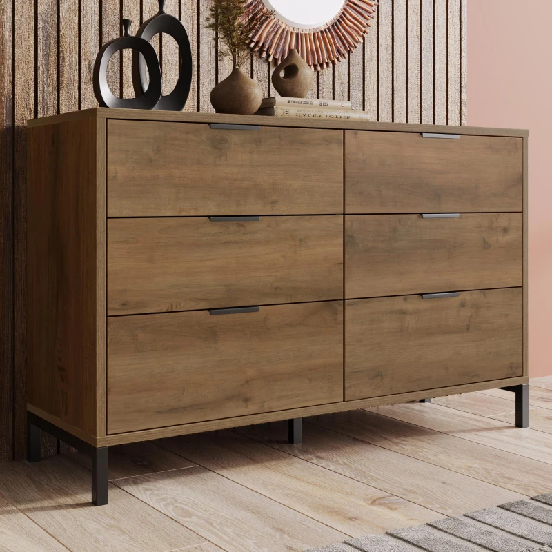 Dark Oak Sideboard with 6 Drawers and Industrial Metal Frame, Industrial Rustic Cabinet with Adjustable Feet, 120L x 40W x 76H cm, Dark Oak