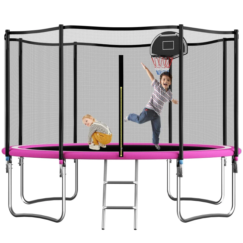 Outdoor Trampoline with Basketball Hoop and Safety Net, Heavy Duty Rebounder with Weatherproof Steel Frame, 366L x 366W x 76H cm, Pink