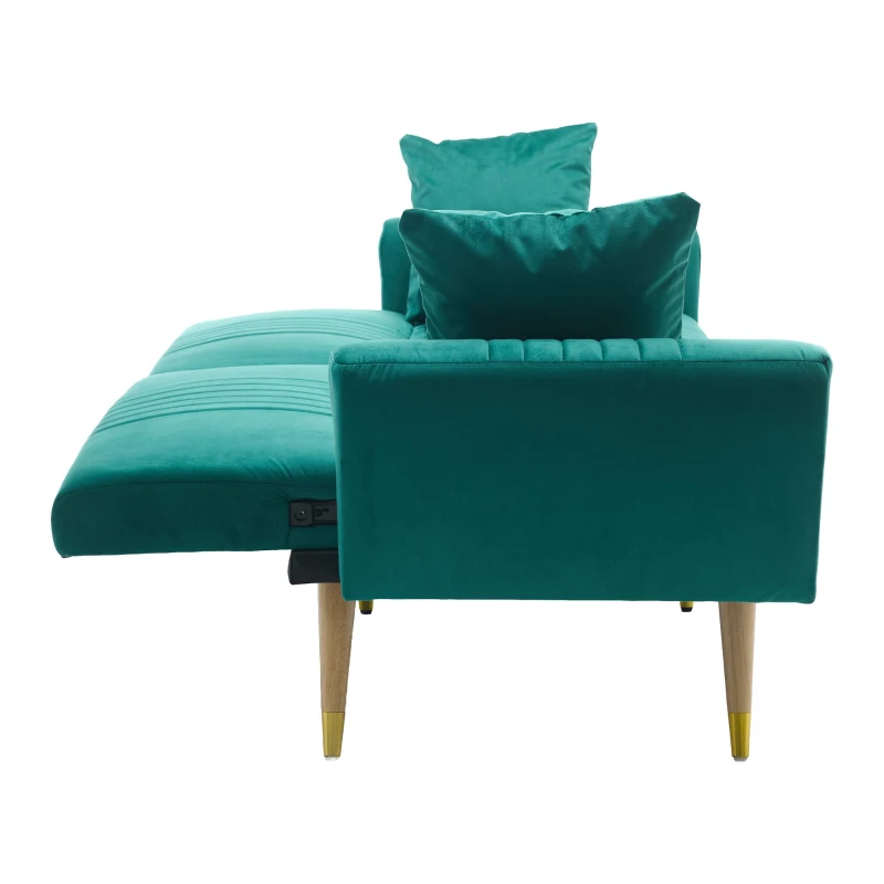 Convertible Futon Sofa Bed with 3-Position Adjustable Backrest, Modern Fleece Loveseat with Solid Wood Legs, 197.5L x 86W x 60H cm, Green