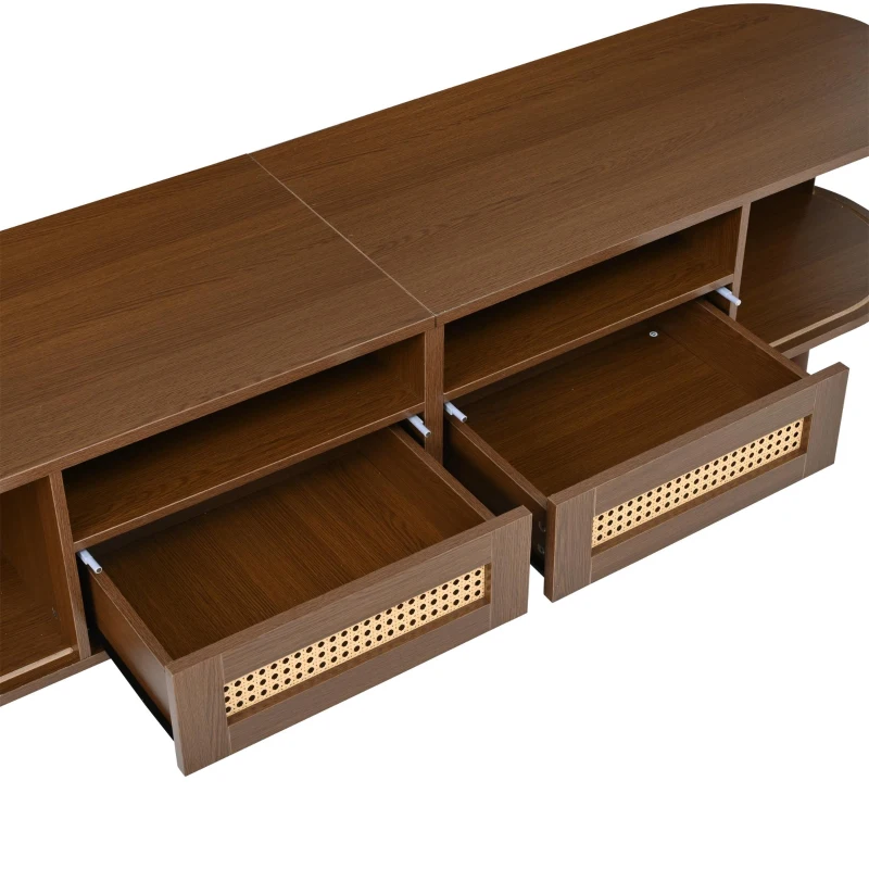 Rattan TV Stand with Sliding Doors and 8 Solid Wood Legs, Oak TV Cabinet with Rounded Corner, 170L x 40W x 40H cm, Oak