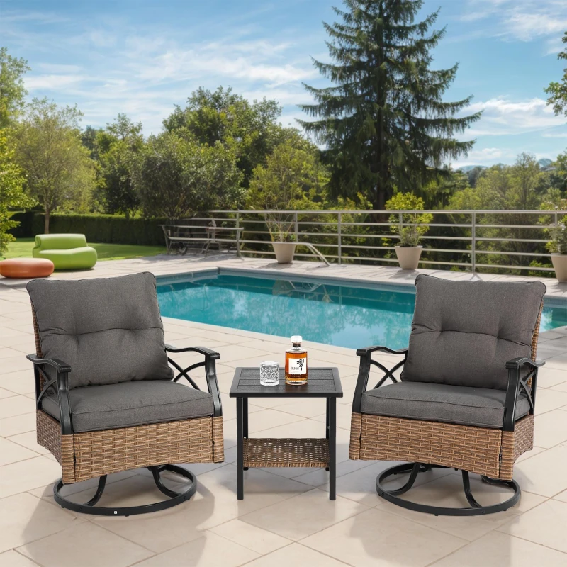 Conjunto de cadeiras de baloiço giratórias para exterior, Conjunto 3 peças com 1 mesa e 2 cadeiras de baloiço, Função giratória e de baloiço 360°, Castanho+Cinzento