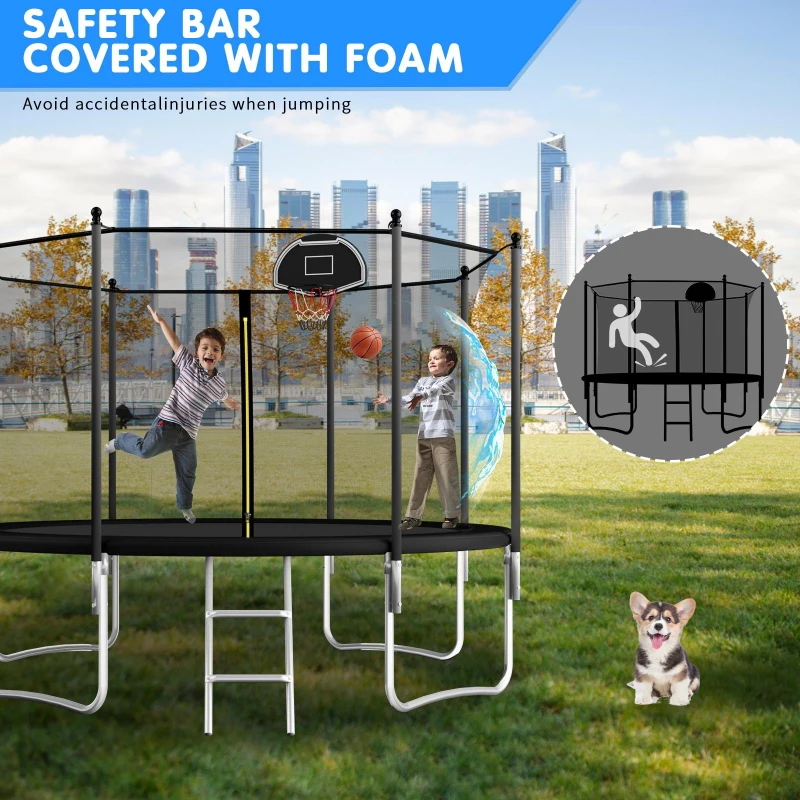 Outdoor Trampoline with Basketball Hoop and Safety Net, Heavy Duty Rebounder with Weatherproof Steel Frame, 366L x 366W x 76H cm, Black