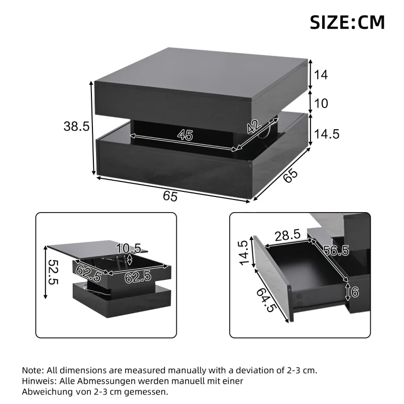 Lift-Up Coffee Table with App-Controlled LED Light Strip and Hidden Storage, Stylish Center Table with 2 Drawers, 65L x 65W x 38.5H cm, Black