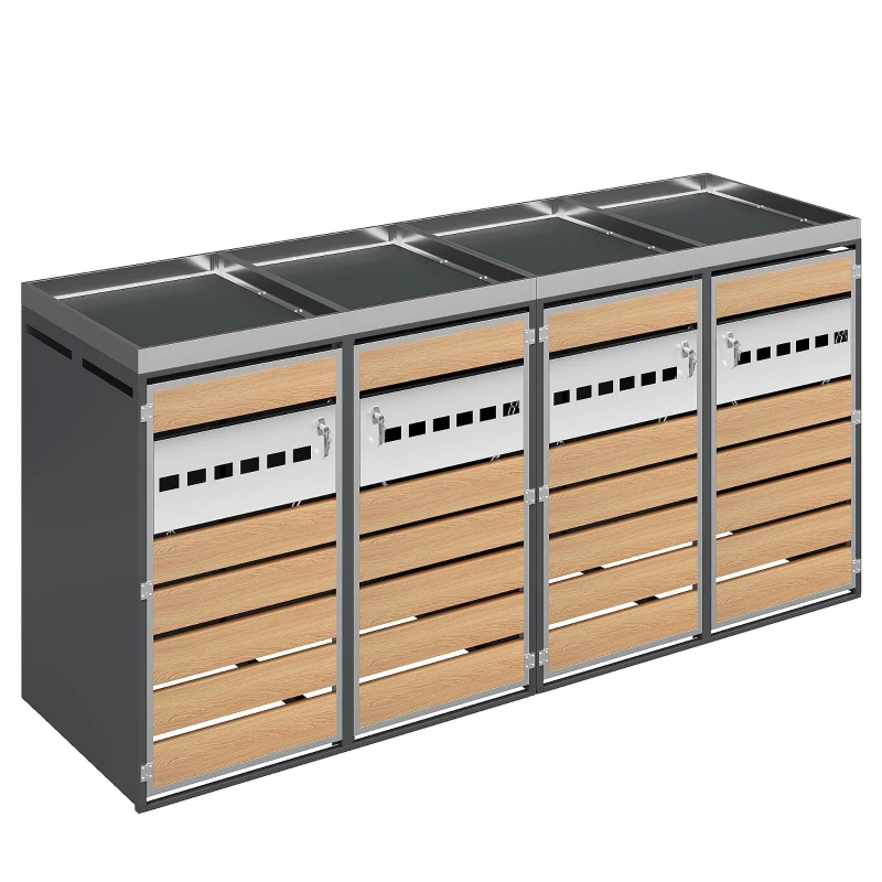 4-Compartment Outdoor Bin Enclosure with Integrated Planter, Planter-Top Quad Bin Storage with Lockable Doors, 264L x 80W x 124.5H cm, Grey+Wood