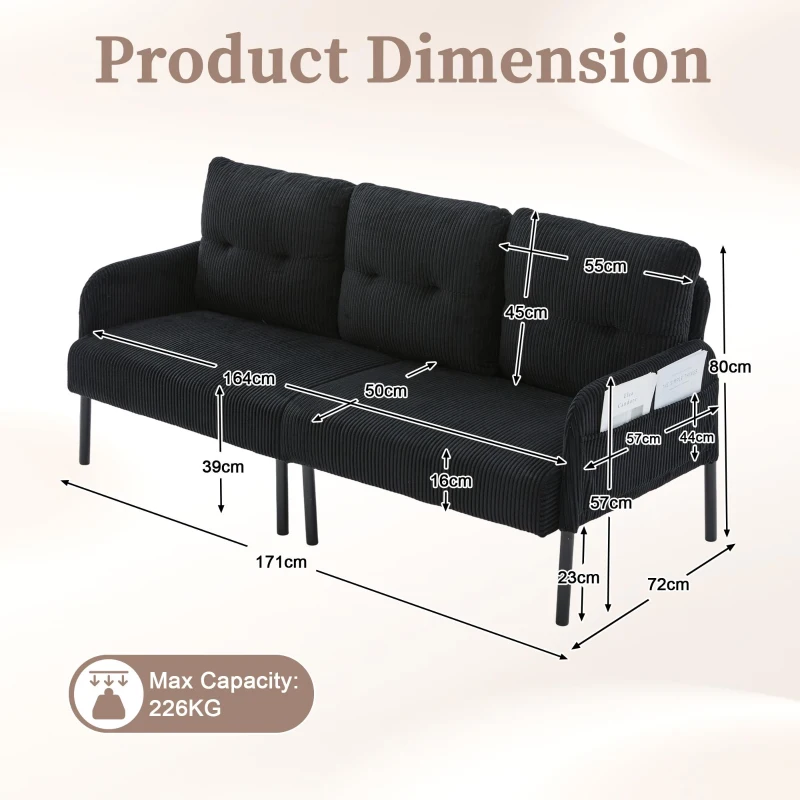 Oversized Two-Seater Corduroy Sofa with Ergonomic Curves, Comfortable Loveseat with Dual Side Storage Pockets, 171L x 72W x 80H cm, Black